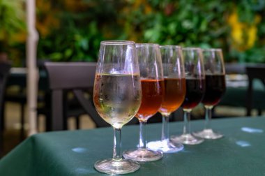 Beş fıçı şarap, fino, manzanilla, olorosso, amontillado, pedro ximenez jerez şarapları eski meyhanede, şarap tatma, Sanlucar de Barrameda, Cadiz, Endülüs, İspanya