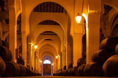 Eski Bodega 'daki solera sistemi, Endülüs şarap mahzeni, fıçılarda farklı şeri şarapları, Jeremy güçlendirilmiş şarap üretimi, Jerez de la Frontera, Endülüs, İspanya