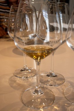 Tasting of very sweet Bordeaux white wine in Sauternes, left bank of Gironde Estuary, France. Glasses of white sweet French wine served in restaurant clipart