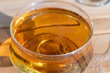 Güneşli bahçede yeni hasat edilmiş elmalardan yapılmış elma suyunun tadına bakmak, bir bardak elma şarabı.