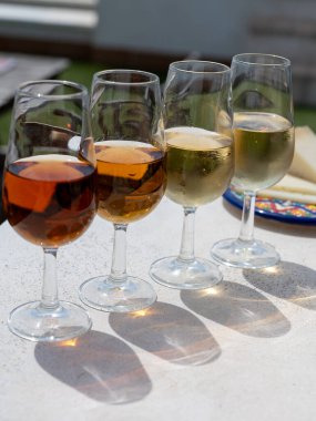 Sherry fino, manzanilla, kremalı Jeremy Sevilla 'nın eski Triana semtinin çatısında Sevilla evleri ve kiliseleri gören şarap kadehleri, şarap kadehleri, şarap kadehleri