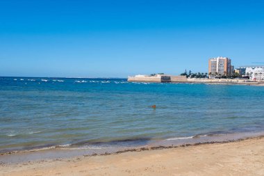 Walking through white city Cadiz, one of oldest cities and ports in Europe on Atlantic Ocean in southern Spain in Andalusia, tourists destination clipart