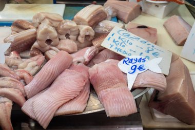 Assortment of fresh ocean daily catch of tuna, cazon, sharks, fish, prawns, seashells, molluscs on ice on fish market in Jerez de la Frontera, Andalusia, Spain clipart