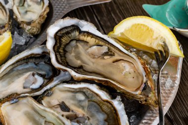 Fransa 'nın Gujan-Mestras limanındaki Arcachon körfezi istiridye çiftliği köyündeki restoranda taze çiğ istiridye kabukları, ekmek, tereyağı ve beyaz şarapla servis edilen tabaklar.