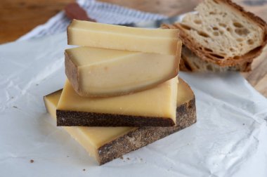 Mağara peynirinde yıllanmış Fransız. Kahverengi kabuklu kont, pastörize edilmemiş inek sütünden yapılmış. Prestij, Vieille Reserve yakın plan.