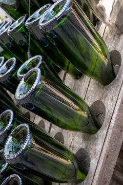 Büyük Cru köyü Ambonnay, Champagne, Fransa 'da eski bir şampanya yetiştiricisi ve üreticisinin ziyareti. Boş şampanya şişeleri ahşap pupitre bulmaca raflarında