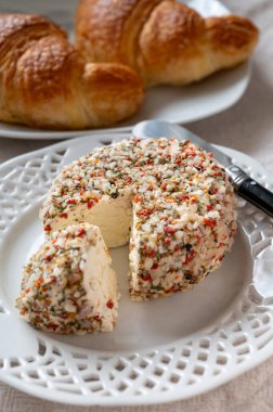 French cheese collection, fresh white soft goat cheese with aromatic herbs, garlic, parsley and red peppers close up on board clipart