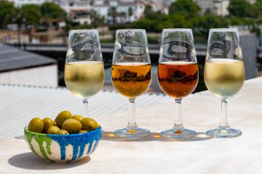 Sevilla 'nın eski Triana bölgesinin çatısında şarap tatmak için farklı şeriler, Sevilla evleri, kiliseler, şarap bardakları ve tapalar, İspanya' nın güneyi, Endülüs...