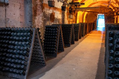 Şampanya şişeleri derin ve uzun yeraltı mağaralarında bulmaca raflarında, geleneksel yöntemlerle Reims, Champagne, France 'da şampanya yapmak.