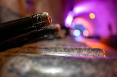 Yeraltındaki derin ve uzun mağaraları ziyaret edin. Raflarda tozlu şişeler olsun. Geleneksel yöntemlerle Reims, Champagne, France 'da şampanya yapmak.