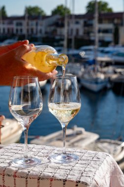 Port Grimaud limanında bir yat limanında soğuk hafif gül gris Cote de Provence şarabı yaz tatili Provence, Fransa 'da Fransız Riviera' sında şarap tatma