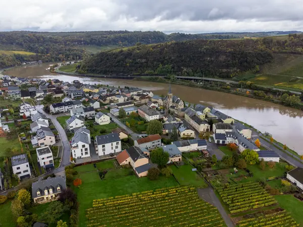 Nittel, Rhineland-Palatinate, Almanya çevresindeki teraslı üzüm bağlarının ve Machtum, Lüksemburg 'daki üzüm bağlarının sonbaharda Moselle Nehri boyunca uzanan manzarası.