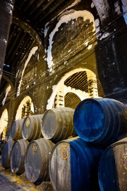 Eski Bodega 'daki solera sistemi, Endülüs şarap mahzeni, fıçılarda farklı şeri şarapları, Jeremy güçlendirilmiş şarap üretimi, Jerez de la Frontera, Endülüs, İspanya