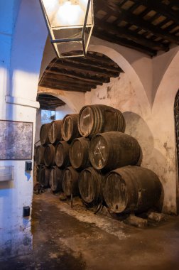 Eski Endülüs şarap mahzeninde solera sistemleri, fıçılarda yıllanmış şarap, sono, manzanilla, olorosso, amontillado jerez güçlendirilmiş şarap, Sanlucar de Barrameda, Cadiz, Endülüs, İspanya