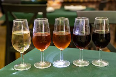 Beş fıçı şarap, fino, manzanilla, olorosso, amontillado, pedro ximenez jerez şarapları eski meyhanede, şarap tatma, Sanlucar de Barrameda, Cadiz, Endülüs, İspanya