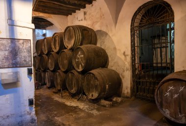 Eski Endülüs şarap mahzeninde solera sistemleri, fıçılarda yıllanmış şarap, sono, manzanilla, olorosso, amontillado jerez güçlendirilmiş şarap, Sanlucar de Barrameda, Cadiz, Endülüs, İspanya
