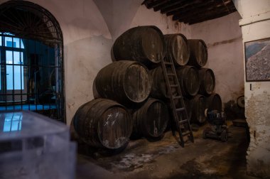 Eski Endülüs şarap mahzeninde solera sistemleri, fıçılarda yıllanmış şarap, sono, manzanilla, olorosso, amontillado jerez güçlendirilmiş şarap, Sanlucar de Barrameda, Cadiz, Endülüs, İspanya