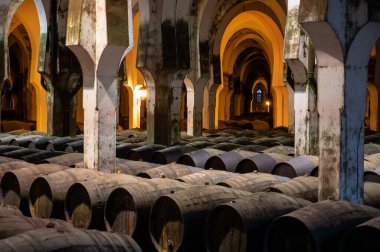 Eski Bodega 'daki solera sistemi, Endülüs şarap mahzeni, fıçılarda farklı şeri şarapları, Jeremy güçlendirilmiş şarap üretimi, Jerez de la Frontera, Endülüs, İspanya