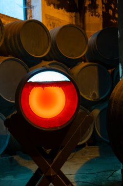 Flor, eski Endülüs şarap mahzenindeki solera sistemlerindeki mayanın filmi fıçılarda yaşlanan şarap, Jeremy güçlendirilmiş şarap Jerez de la Frontera, Endülüs, İspanya