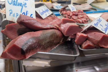 Assortment of fresh ocean daily catch of tuna, cazon, sharks, fish, prawns, seashells, molluscs on ice on fish market in Jerez de la Frontera, Andalusia, Spain clipart