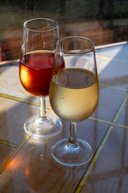 Sherry fino, manzanilla, olorosso şarabı, Jerez de la Frontera, Cadiz, Endülüs, İspanya 'nın eski kesimindeki Endülüs evinde servis edilen palomino beyaz üzümünden yapılmış güçlendirilmiş şarap.