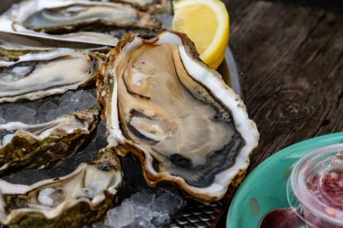 Fransa 'nın Gujan-Mestras limanındaki Arcachon körfezi istiridye çiftliği köyündeki restoranda taze çiğ istiridye, deniz kabuğu, liman, ekmek, tereyağı ve beyaz şarapla servis edilen tabaklar.