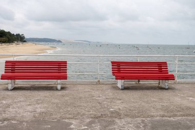 Panoramic view on Arcachon Bay, near Passe Sud and Nord, Bank d'Argun, Dune du Pilat and Cap Ferret, on rainy winter day, tourist destination on Atlantic ocean, France clipart