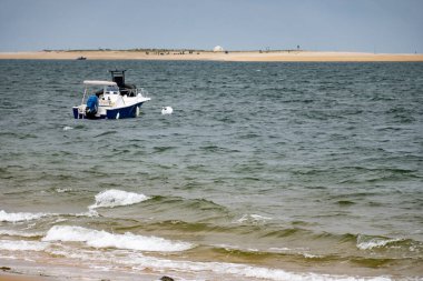 Panoramic view on Arcachon Bay, near Passe Sud and Nord, Bank d'Argun, Dune du Pilat and Cap Ferret, on rainy winter day, tourist destination on Atlantic ocean, France clipart