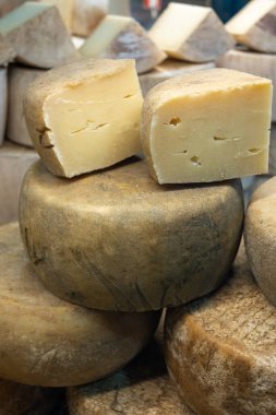 Biarritz, Fransa, Bask Bölgesi ve Pireneler 'de satılık koyun, inek ve keçi peyniri, Tomme, Fermier Brebis, çiftçi organik peynir