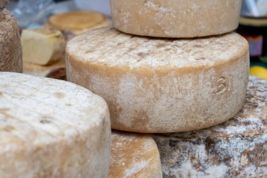 Biarritz, Fransa, Bask Bölgesi ve Pireneler 'de satılık koyun, inek ve keçi peyniri, Tomme, Fermier Brebis, çiftçi organik peynir