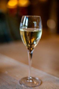 Köpüklü beyaz şarap tatmak, Lüksemburg 'daki Moselle Nehri vadisinde mağaralarda yarılmayı sağlayan geleneksel şampanya metodu, bir bardak şarap.