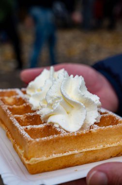 Lezzetli tatlı, Fransız ya da Lüksemburg waffleları ve çırpılmış krema. Sonbaharda açık havada yemek, Schengen, Lüksemburg 'da şarap festivali.