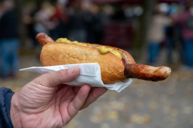 Alman sokak yemeği, sosisli sandviç ızgara sosis ve hardallı ekmek, fast food.