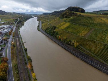 Nittel, Rhineland-Palatinate, Almanya çevresindeki teraslı üzüm bağlarının ve Machtum, Lüksemburg 'daki üzüm bağlarının sonbaharda Moselle Nehri boyunca uzanan manzarası.