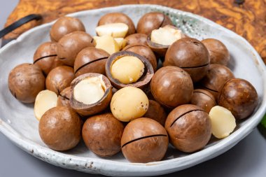 Avustralya Queensland Macadamia fındığı, ya da çalılık, maroochi, bauple fındığı, kesilmiş fındık, taze hasat yakın