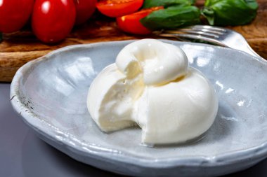 Taze İtalyan peyniri, beyaz burrata topları ya da mozzarella ve kremadan yapılmış burratina peyniri yemek.