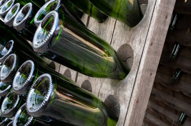 Büyük Cru köyü Ambonnay, Champagne, Fransa 'da eski bir şampanya yetiştiricisi ve üreticisinin ziyareti. Boş şampanya şişeleri ahşap pupitre bulmaca raflarında