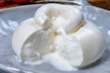 Taze İtalyan peyniri, beyaz burrata topları ya da mozzarella ve kremadan yapılmış burratina peyniri yemek.