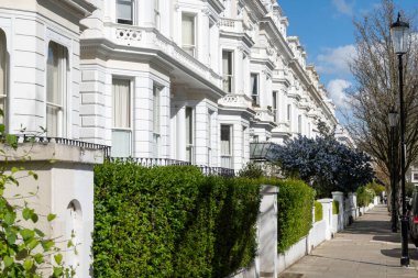 Notting Hill, walking on streets with white houses and flowering gardens in spring, city life, wealthy neighbourhoods in London, UK in spring clipart