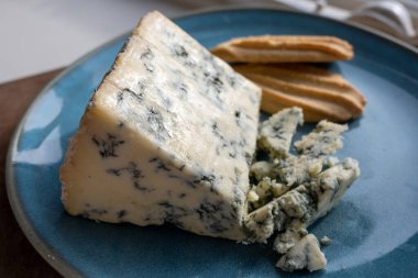 Cheese collection, English cow milk semi-soft, crumbly old stilton blue cheese close up clipart