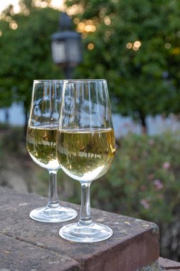 Şarap kadehleri ve Jerez de la Frontera 'da şarap mahzenleri, açık havada servis edilen şarap kadehleri, şehir manzarası, Endülüs, İspanya