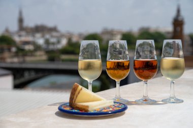 Sherry fino, manzanilla, kremalı Jeremy Sevilla 'nın eski Triana semtinin çatısında Sevilla evleri ve kiliseleri gören şarap kadehleri, şarap kadehleri, şarap kadehleri