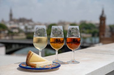 Sherry fino, manzanilla, kremalı Jeremy Sevilla 'nın eski Triana semtinin çatısında Sevilla evleri ve kiliseleri gören şarap kadehleri, şarap kadehleri, şarap kadehleri