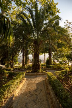 Ronda 'da yürüyüş, Endülüs' ün turistik kasabası, Pueblo Blanco beyaz köyü, İspanya. Tarihi binalar, eski yeşil park