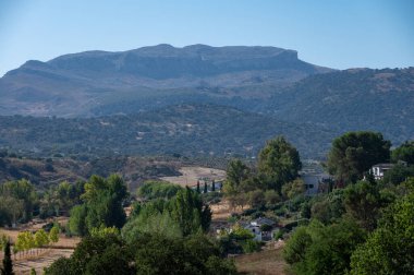 Yeşil vadi ve dağlardaki panoramik manzara Ronda beyaz ormanları, Endülüs, İspanya, Ronda yakınlarında yürüyüş
