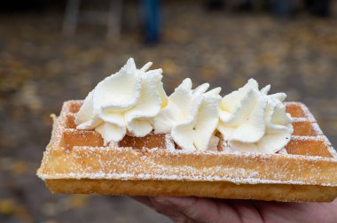 Lezzetli tatlı, Fransız ya da Lüksemburg waffleları ve çırpılmış krema. Sonbaharda açık havada yemek, Schengen, Lüksemburg 'da şarap festivali.