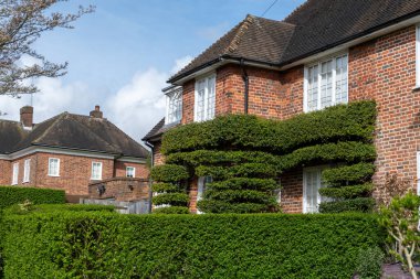 Kuzey Londra sokaklarında yürümek, baharda kırmızı tuğlalı evler ve çiçek açan bahçeler, şehir hayatı, Mart ayında Londra, İngiltere 'de zengin mahalleler.