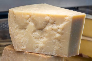 Geleneksel İtalyan yemekleri, 36 aylık mağaralardaki İtalyan parmesan peyniri Parmigiano-Reggiano, İtalya 'dan çiftçi pazarında satılık.