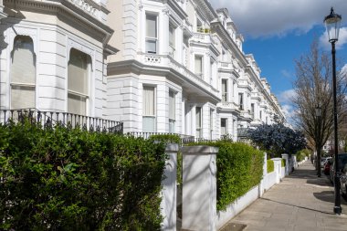 Notting Hill, baharda beyaz evler ve çiçek açan bahçelerle sokaklarda yürümek, şehir hayatı, ilkbaharda Londra, İngiltere 'de varlıklı mahalleler.