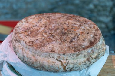 Weekly farmers market in Sarlat-la-Caneda, Dordogne, organic cheeses from farm, matured sheep cheese tomme smoked, with Perigord truffles, France clipart